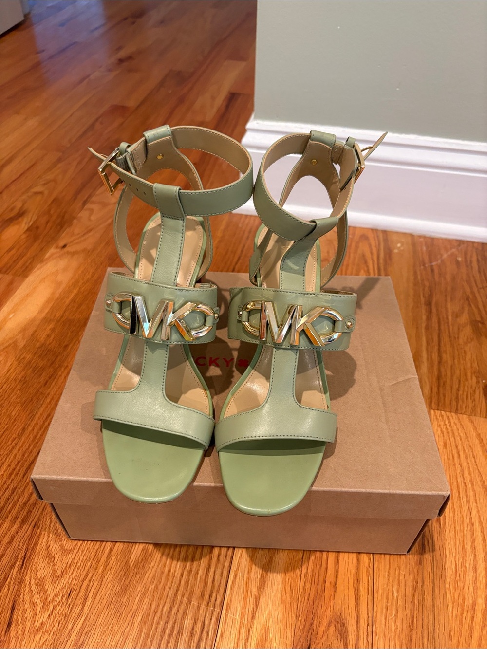 MICHAEL Michael Kors Sage Green MK Logo Ankle-Strap Heels